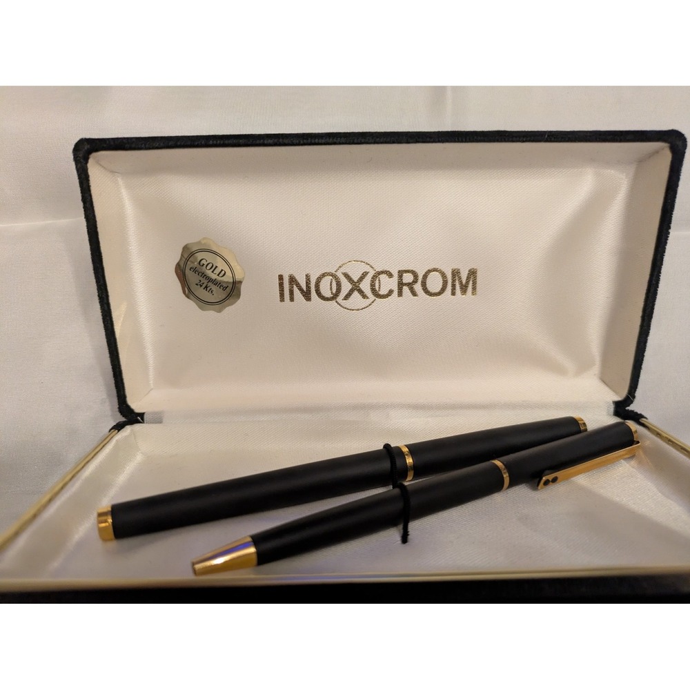 VINTAGE INOXCROM Gold & Black Fountain Pen And Ballpoint Pen Set Serracant